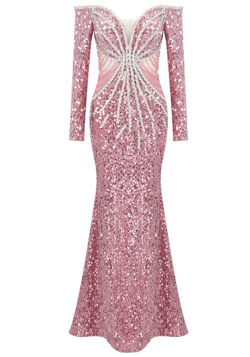 Long Sleeve Bardot Crystal Sequin Maxi Dress Pink