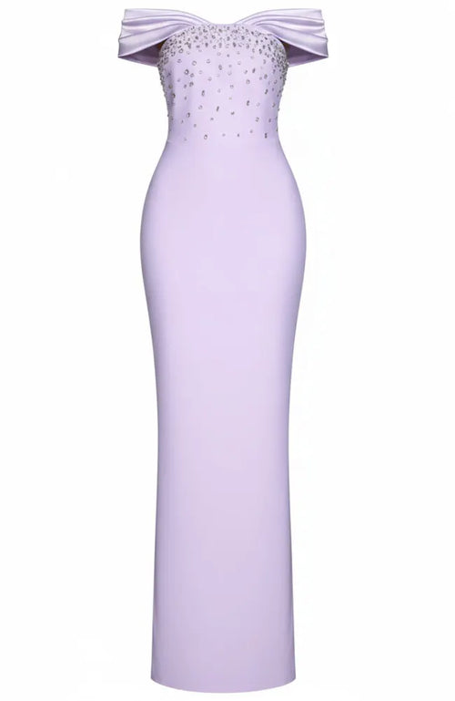 Draped Bardot Design Crystal Maxi Dress Lavender