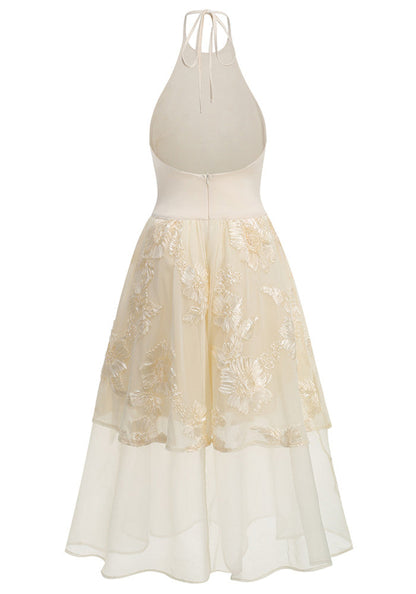Halter Floral A Line Midi Dress Ivory