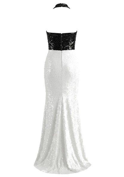 Halter Crystal Detail Sequin Maxi Dress Black White