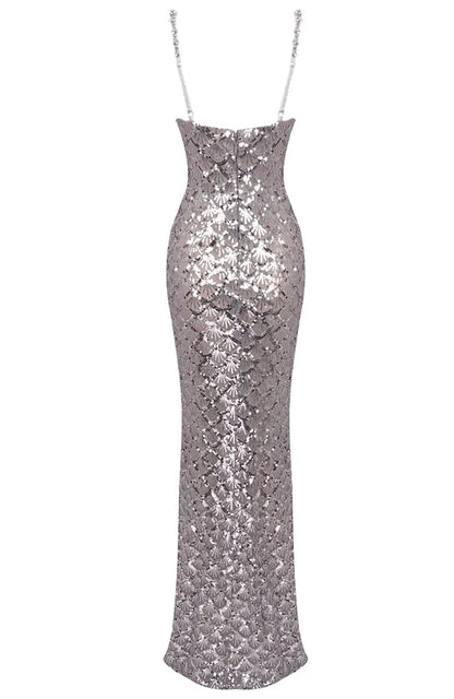 Crystal Bustier Sequin Maxi Dress Silver