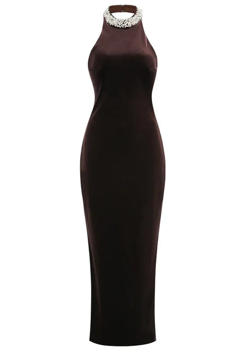 Halter Pearl Embellished Maxi Velvet Dress Dark Brown