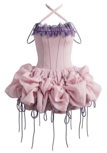 Halter Lace Bubble Dress Pink Purple