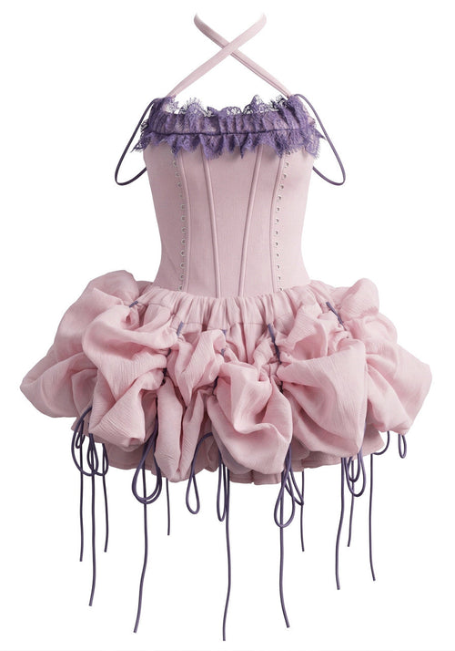 Halter Lace Bubble Dress Pink Purple