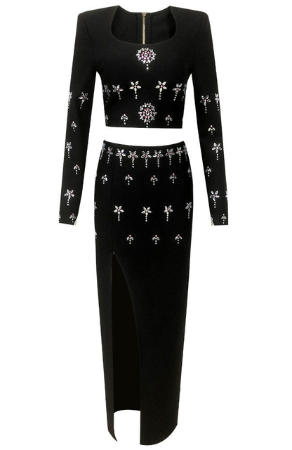 Long Sleeve Crystal Two Piece Maxi Dress Black