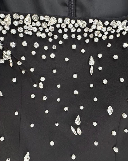 Cape Sleeve Crystal Pearl Maxi Dress Black