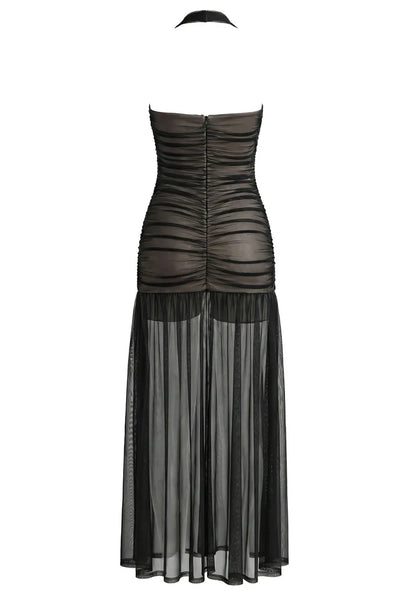 Halter Ruched Mesh Maxi Dress Black