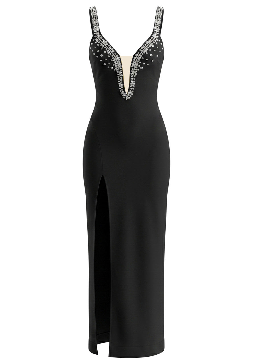 Crystal Embellished V Neck Maxi Dress Black