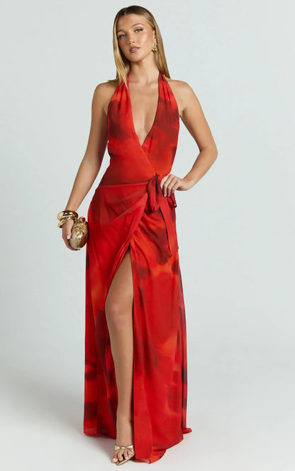 Eva Maxi Dress - Plunge Halter Wrap Dress in Abstract Adeana Print