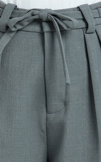 Frankie Pants - Low Rise Pleated Wide Leg Pant with Hardware Buckle in Grey