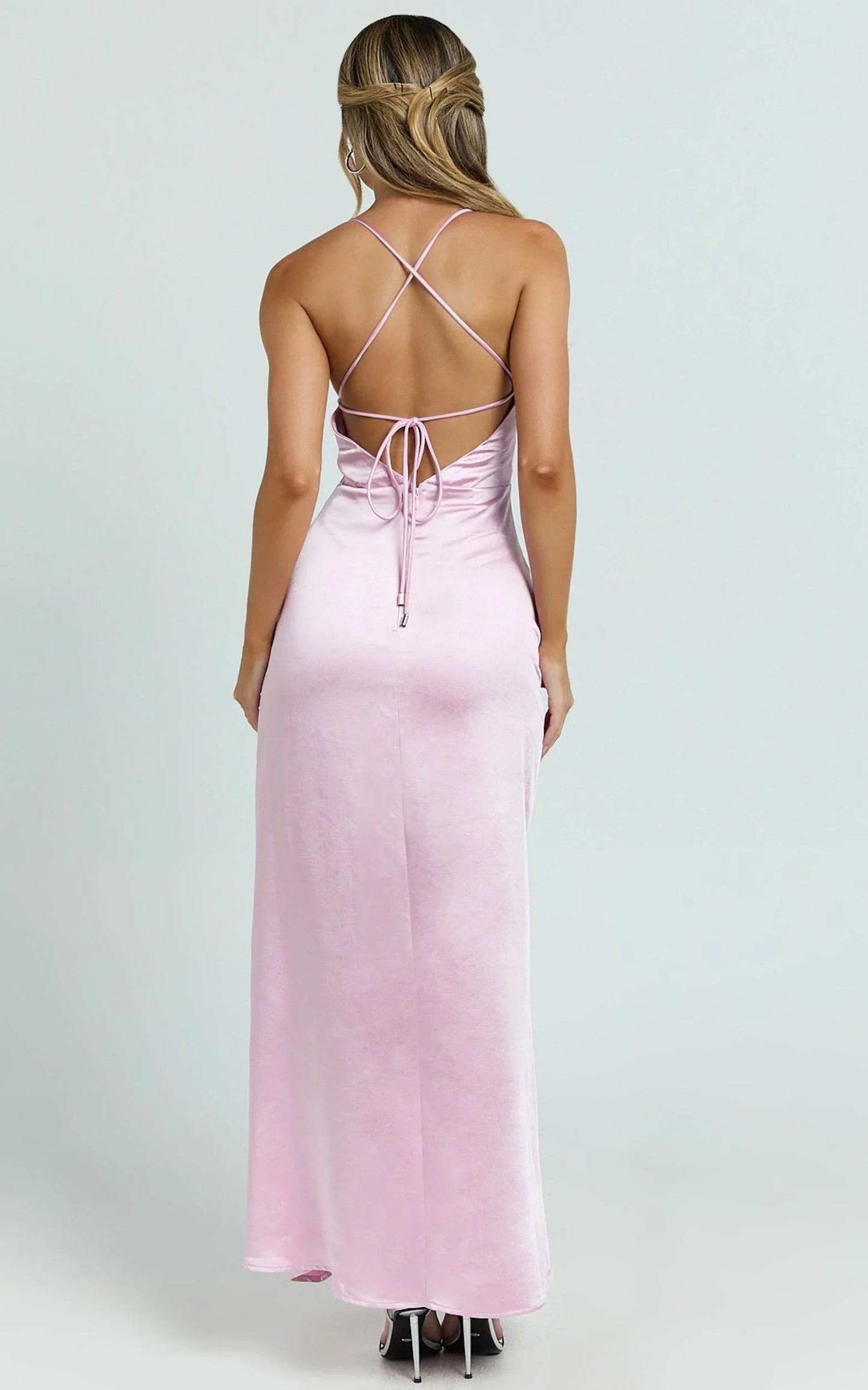 Heidi Maxi Dress - Satin Ruched Bust Tie Back Dress in Pink