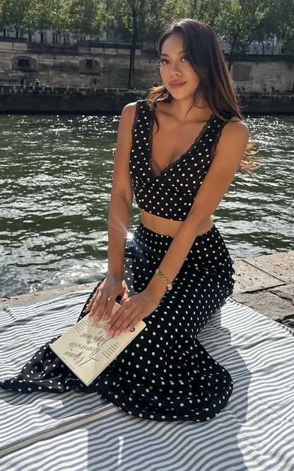 Amari Maxi Skirt - High Waisted Bias Cut Skirt in Black Polka Dot