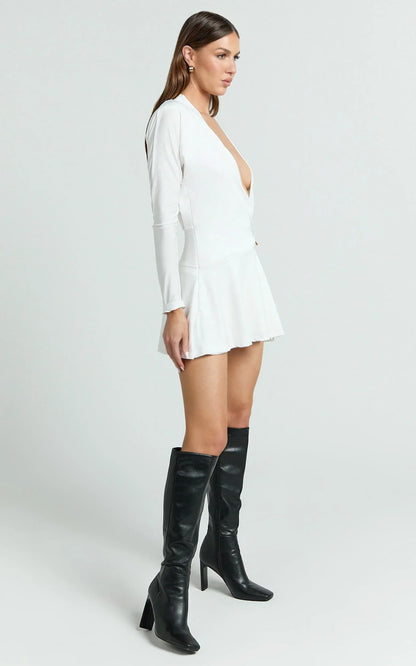 Cannes Mini Dress - Jersey Wrap Hardware Detail Flounce Skirt Dress in Off White