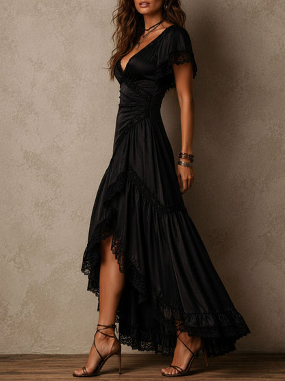 Elegant Black Satin Lace-trimmed Asymmetrical Maxi Dress