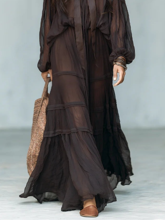 Dark Brown Belted Chiffon Blouse Paired With A Ruffled Skirt Two-piece Set