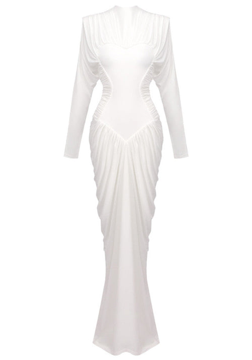 Long Sleeve Draped Structured Maxi Dress White