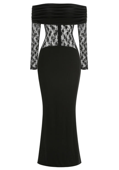 Lace Long Sleeve Draped Bardot Maxi Dress Black