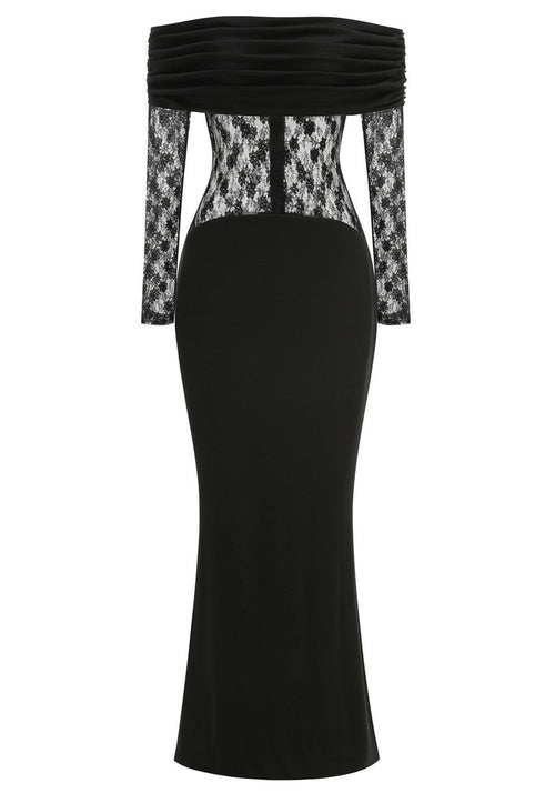 Lace Long Sleeve Draped Bardot Maxi Dress Black