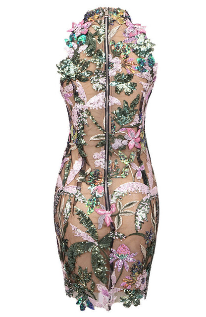 Floral Embroidered Sequin Dress Green Pink