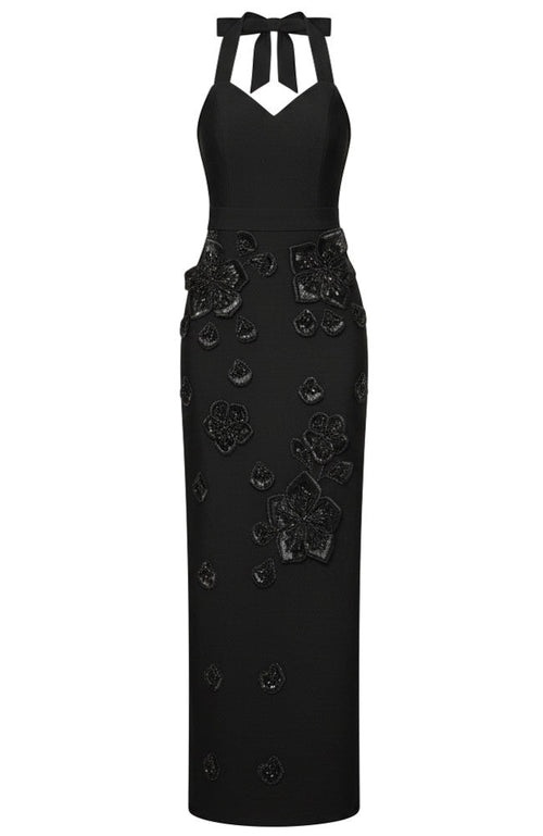 Halter Floral Gloves Maxi Dress Black