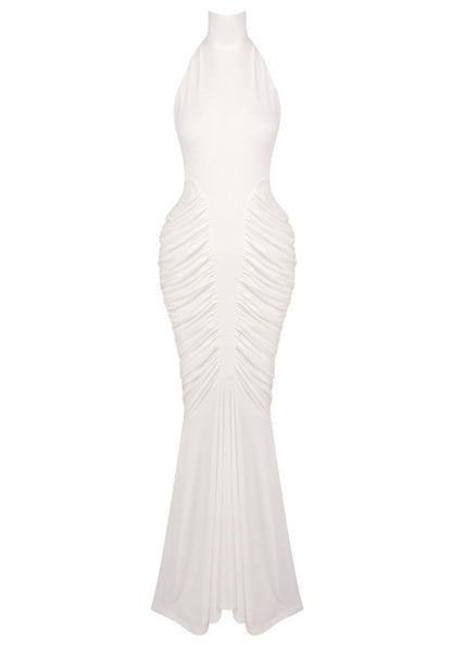 Halter Draped Backless Maxi Dress White