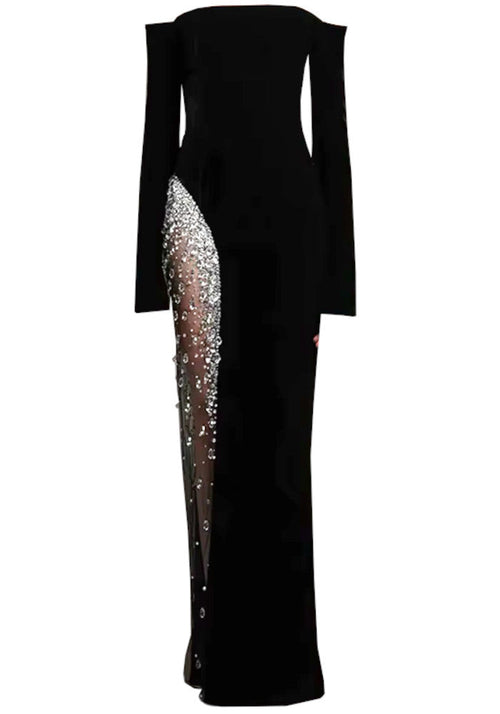 Long Sleeve Bardot Crystal Mesh Maxi Dress Black