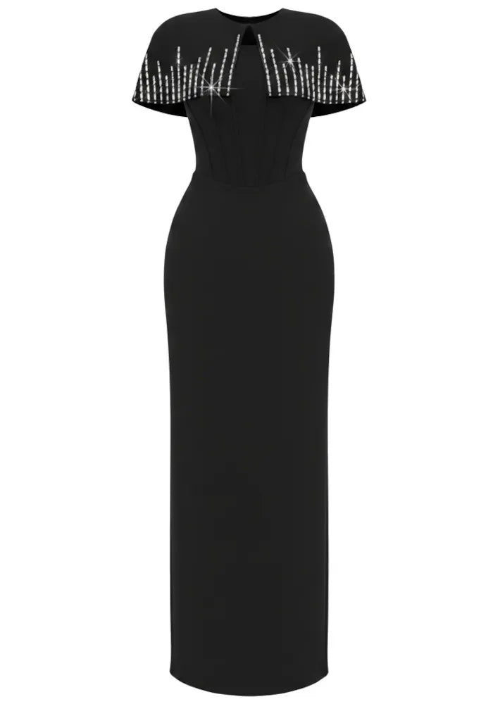 Crystal Cape Detail Maxi Dress Black