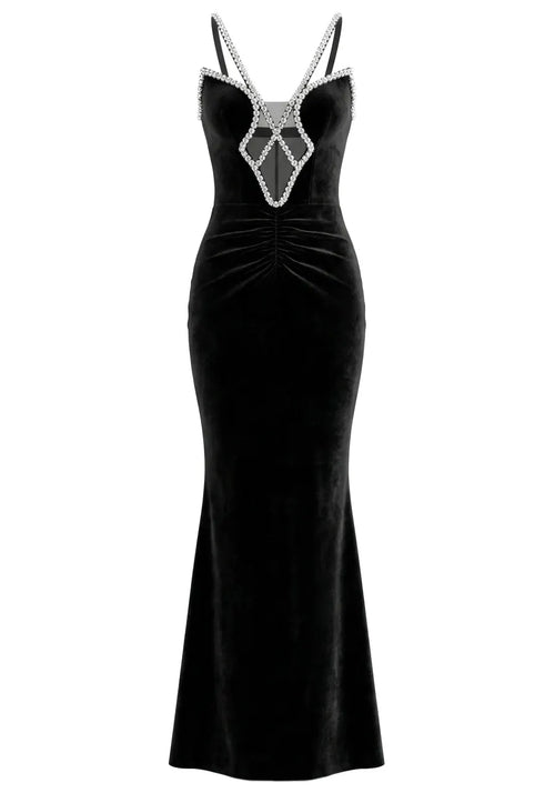 Crystal Straps Maxi Velvet Dress Black