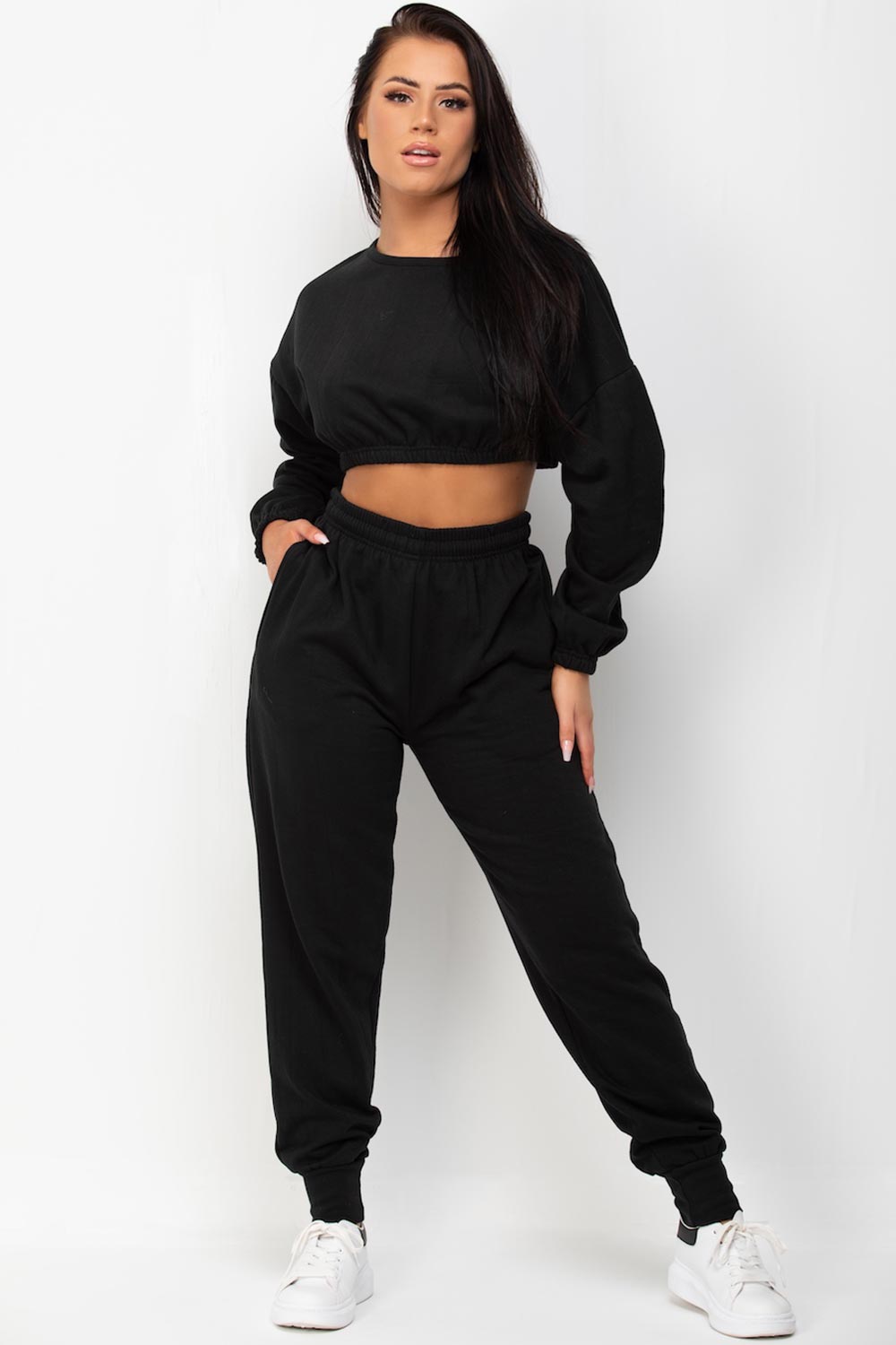 Crop Sweatshirt And Joggers Two Piece Set Black