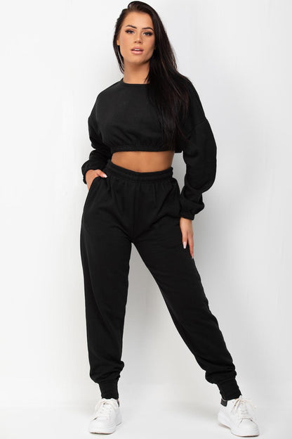 Crop Sweatshirt And Joggers Two Piece Set Black