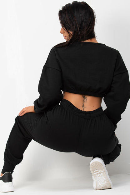 Crop Sweatshirt And Joggers Two Piece Set Black