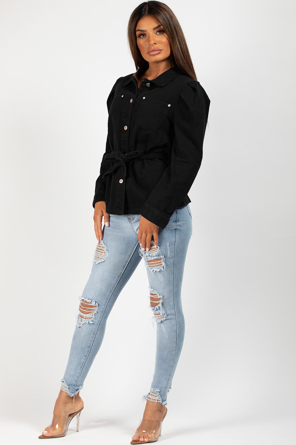 Black Denim Jacket With Puff Sleeves