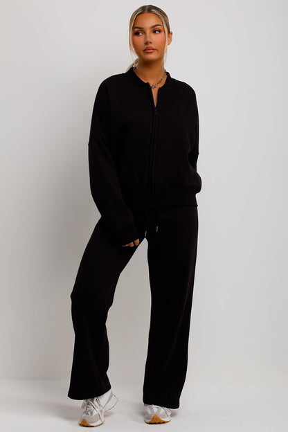 Bomber Sweatshirt With Zip And Joggers Loungewear Set Black