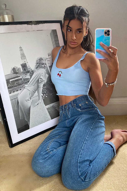 Blue Embroidered Cherry Ribbed Crop Top