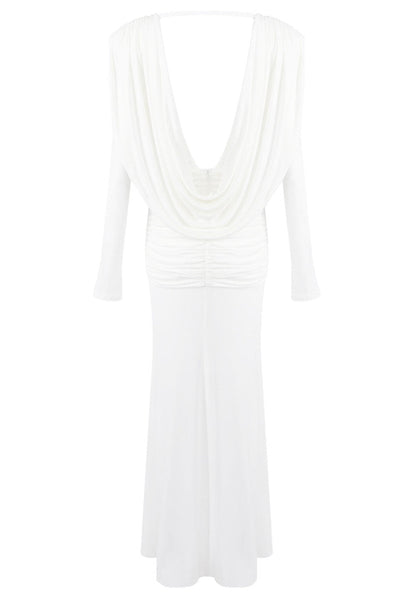 Long Sleeve Draped Backless Maxi Dress White