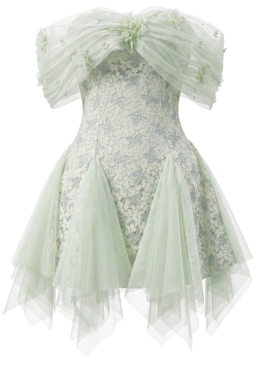 Floral Mesh Bardot Lace Dress Green