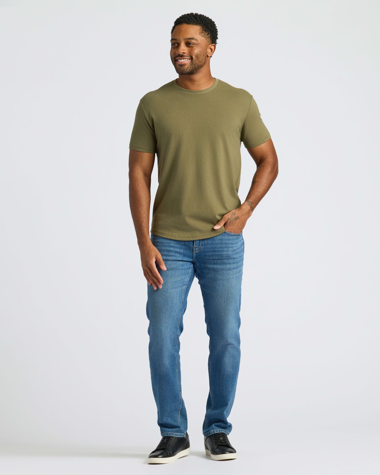 Military Green Curved Hem Classic Crew Neck