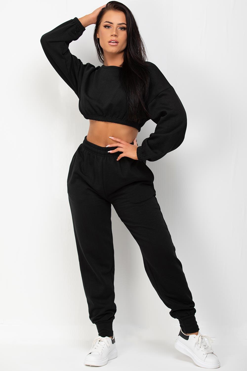 Crop Sweatshirt And Joggers Two Piece Set Black