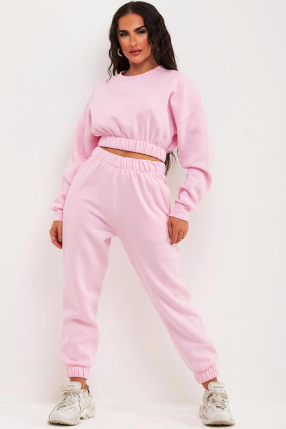 Crop Sweatshirt And Joggers Tracksuit Pink