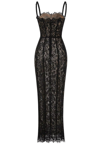 Lace Bustier Detail Maxi Dress Black