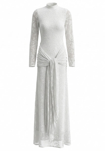 Long Sleeve Embellished Lace Maxi Dress White