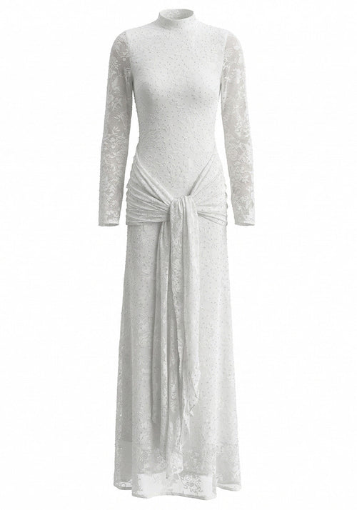 Long Sleeve Embellished Lace Maxi Dress White