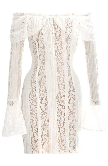Long Sleeve Bardot Lace Insert Dress White