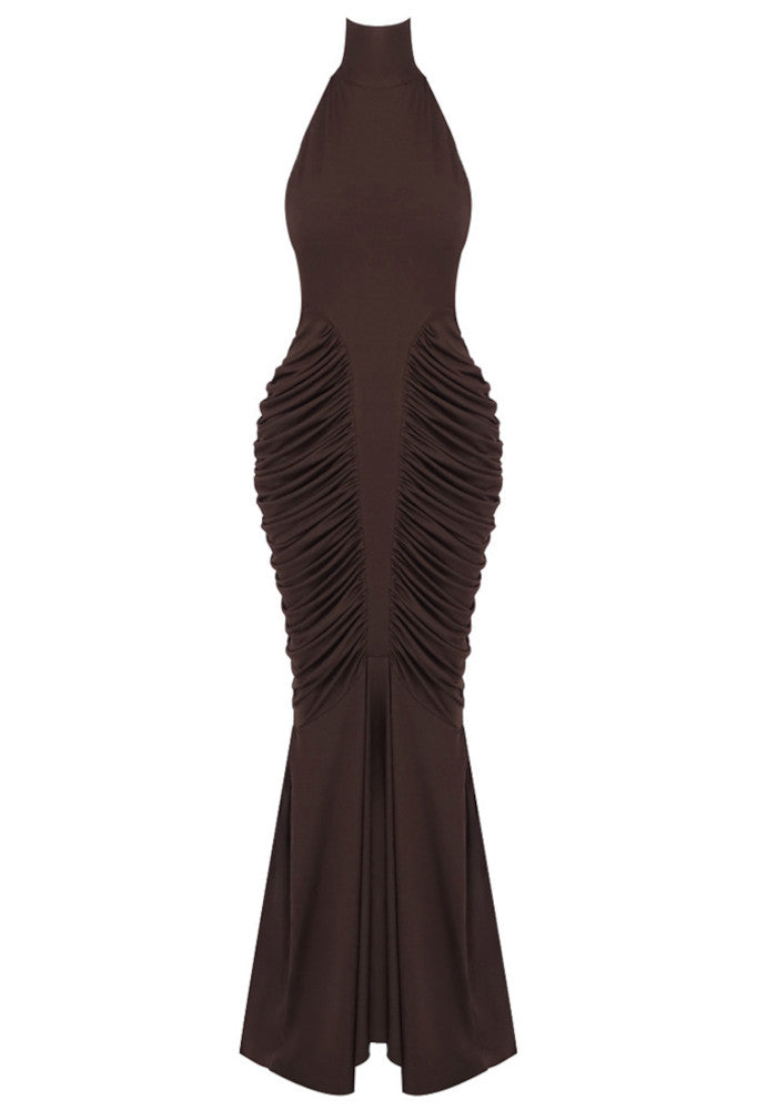 Halter Draped Backless Maxi Dress Brown