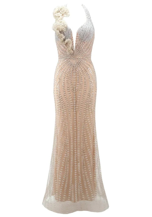 Halter Floral Detail Pearl Maxi Dress Nude
