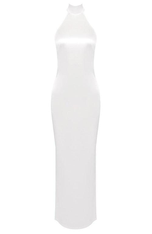 Halter Pearl Backless Maxi Dress White