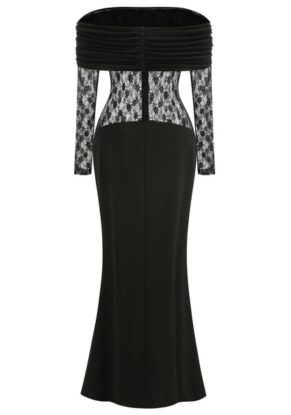 Lace Long Sleeve Draped Bardot Maxi Dress Black