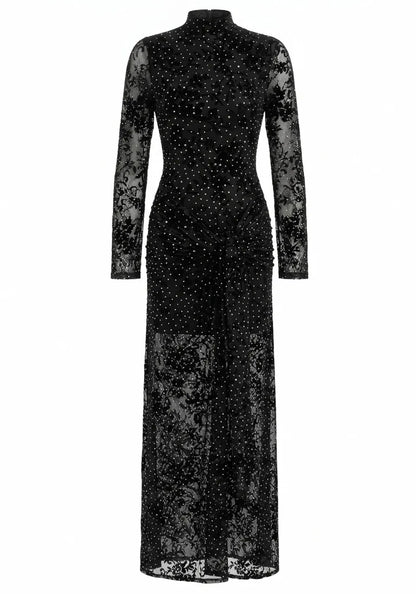 Long Sleeve Embellished Lace Maxi Dress Black