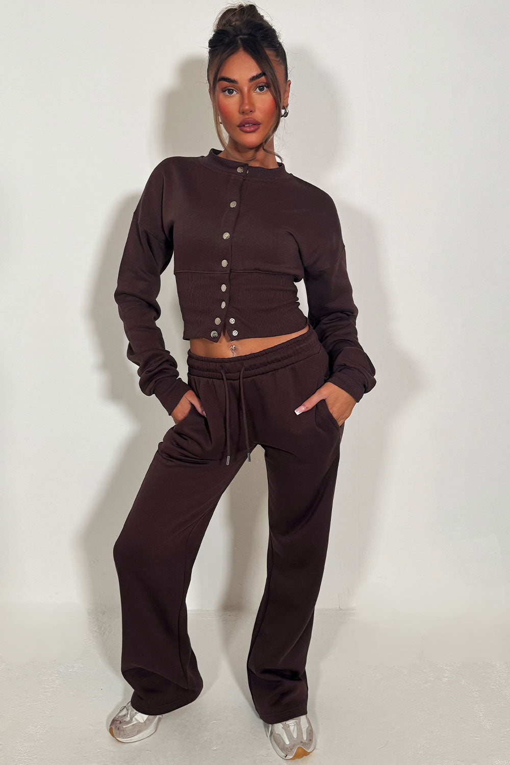 Button Up Corset Sweatshirt And Jogger Tracksuit Co Ord Brown
