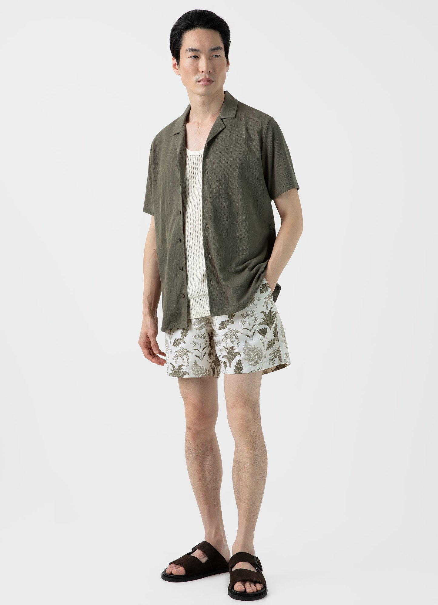 Mens Leaf Print Swim Short In Ecru Ksmshr3705P Whhg
